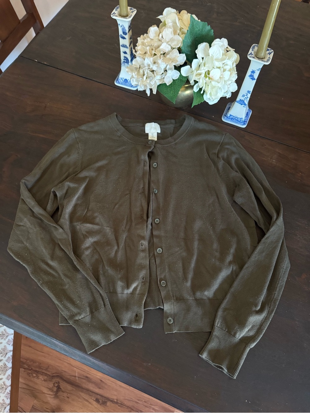 H&M Olive Green Button Front Crewneck Cardigan